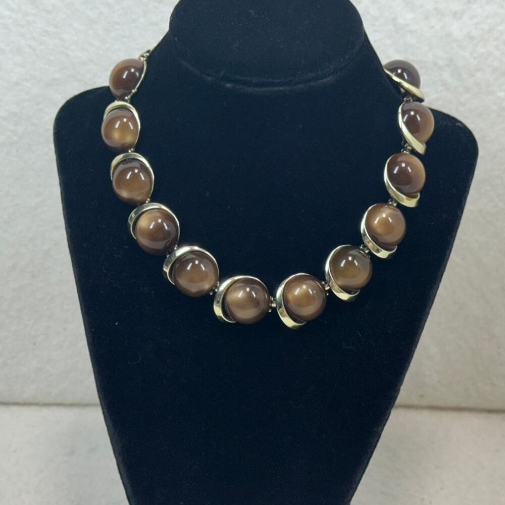 Brown Lucite Moonglow Cabochon Mid Century Modern Short Necklace Vintage Estate